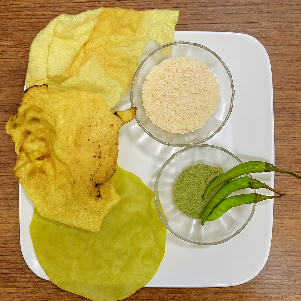 ચોખા – મોરિંગા લીફ પાઉડર – ગ્રીન ચિલી ખીચીયા પાપડ (70pcs) – સ્વાદિષ્ટ આરોગ્યનો કરકરો કટકો!